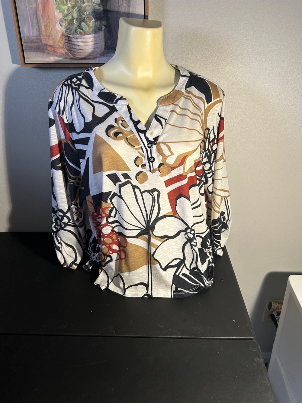 Alfred Dunner Floral Henley Top in Black, White & Tan with Red Accents